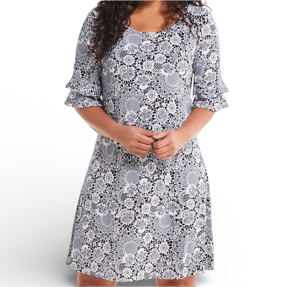 Floral Ruffle Sleeve Dress Lace Print Midi Shift Dress Blue White Size 3X